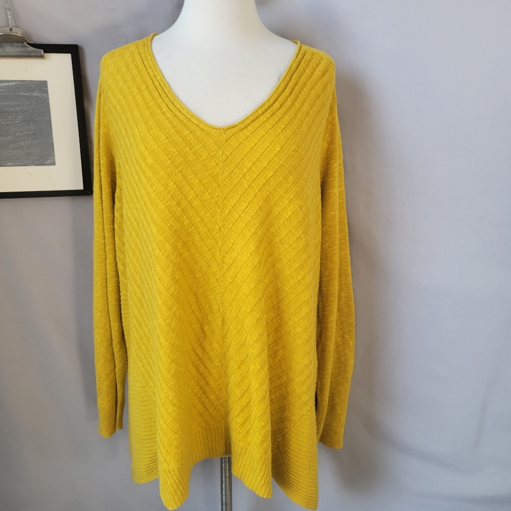 Eileen Fisher Ribbed Cotton Linen‎ Shark Hem Pullover Tunic Mustard Yellow L